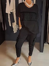 ieftine Costume de bluză de damă-Pentru femei Modă Șic Stradă Zilnic Seturi de pantaloni Manșon Jumate Rotund Dungi Imprimeu Casual Zilnic Negru Alb Mov Vară Fit regulat