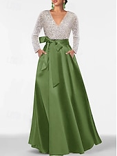 baratos PRETO-Vestido de noite elegante e formal com lantejoulas, corte A, para convidada de casamento, comprimento até o chão, manga comprida, decote em V, bolso, cetim com fenda brilhante 2025