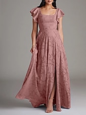 billiga Brudtärneklänningar-A-linje Bridesmaid Klänning Scoophals Ärmlös Elegant Golvlängd Chiffon med Volanger  Delad Framsida