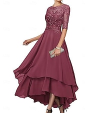 abordables Longueur du thé-Ligne A Robe de Mère de Mariée  Élégant Simple Col Bateau Asymétrique Polyester Demi Manches avec Couleur Unie 2025