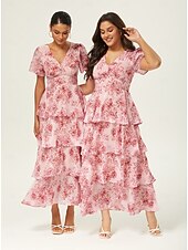 abordables Robes décontractées-Robe longue décontractée pour femme, tenue de soirée, col en V, manches courtes, coupe trapèze, imprimé floral, volants superposés, tenue de tous les jours, jupe gâteau, taille ajustée, robe longue