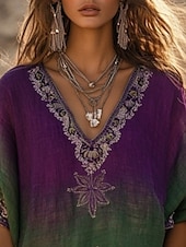 economico Tops Boho-camicetta da donna in stile western, stile boho, con fiori, moderna e casual, manica a 3/4, scollo a V, top normali, per tutti i giorni, per le vacanze, per uscire, stampa viola, estate e autunno.