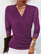 voordelige Dames eenvoudige tops-Dames Blouse Effen Kleur Stijlvol Casual Lange mouw V-hals Normale tops Dagelijks Netstof Lapwerk Zwart Rood Kameel Paars Bruin Zomer Lente