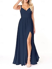 baratos Vestidos para Madrinhas-Vestido de dama de honra em corte A, decote em V, sem mangas, elegante, longo, em chiffon com pregas / frente aberta / franzido 2025