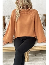 billiga Solida färger-Dam Tröja Elegant Ledigt Mjukt Ren färg Ribbad Polokrage Stickat Långärmad Vanliga toppar Sticka Utomhus Dagligen Helgen Orange Höst Vinter