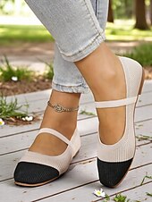 preiswerte Ballerinas für Damen-Zweifarbige Damen-Ballerinas aus Strick mit Riemen – atmungsaktive, lässige Mary-Jane-Schuhe für den Alltag, Spaziergänge und Frühlingsausflüge