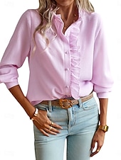 זול חולצות שמלות-WOMEN&#039;S SHIRT BUTTON DOWN BLOUSE SOLID COLOR PLAIN STRIPED ELEGANT STYLISH BASIC LONG SLEEVE CREW NECK REGULAR TOPS DAILY RUFFLE BUTTONS WHITE PINK SKY BLUE GRAY SPRING FALL WINTER