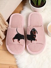 ieftine Flip-Flops de Damă-Papuci de casă pentru femei, din pluș, cu broderie de câini, sandale confortabile din catifea reiată, perfecți pentru relaxare și lenevire acasă