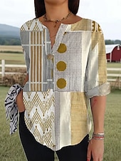 abordables Tops à Rayures et Géométriques pour Femmes-Femmes Chemise Fleuri Graphique Géométrique ancien Tropical Hawaïen Manche 3/4 Col ras du cou Hauts Réguliers Quotidien Fête Tenue de plage Imprimé Rose Claire Orange Kaki Été Printemps