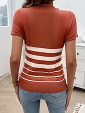 billige Grafiske mønstre og detaljer-Dame Bluse Stripet Stilfull Fritid Kortermet Crew-hals Vanlige topper Daglig Lapper Svart Hvit Brun Kakifarget Sommer