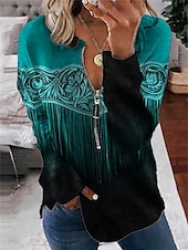 billige Boho topper-Dame Boho skjorte Bluse Batikkfarget Trykt mønster Daglig Stilfull Langermet Crew-hals Vanlige topper Daglig Ut på byen Trykt mønster Quarter Zip Lysebrun Blå Himmelblå Brun Vår Høst
