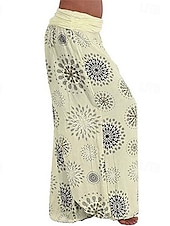 baratos perna larga e cintura alta-Mulheres Calças Calças Harem Calça Palazzo Moda Boho Comprimento total Cintura Média Imprimir Cintura elástica Confortável Micro-Elástica Rua Roupa Diária Para Noite Preto Amarelo Verde Tropa Azul