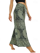 baratos perna larga e cintura alta-Mulheres Perna larga Calças Casual Boho Comprimento total Cintura Alta Imprimir Bolsos Design de cordão elástico Respirabilidade Macio Micro-Elástica Férias Rua Roupa Diária Vermelho Verde Verão