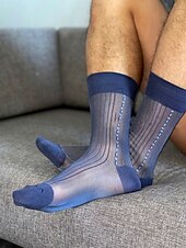 levne Pánské rukavice-Pánské průhledné společenské ponožky, retro svislé pruhy, prodyšné tenké nylonové ponožky do poloviny lýtek, vhodné pro kancelářské pracovníky a formální příležitosti