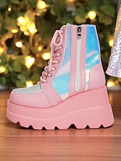 baratos Festa da Vida Noturna-Botas de combate femininas plataforma rosa, botas de cano curto holográficas com cadarço e salto grosso com zíper lateral, estilo de rua ousado para vida noturna e roupas de festa