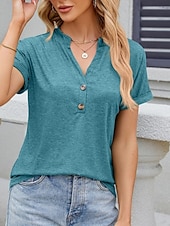 ieftine tricou simplu-Pentru femei Tricou Simplu Modă Stilat Clasic Manșon scurt În V Topuri obișnuite Zilnic Sfârșit de săptămână Nasturi Negru Alb Albastru piscină Trifoi Vară