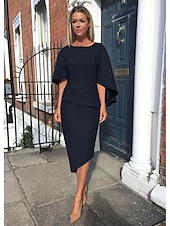 preiswerte Teelänge-Sheath Kleid der Mutter der Braut Hochzeitsgast Elegantes Einfaches Plus Size Juwel Dekolleté Asymmetrisch Knie Länge Charmeuse Halblange Ärmel mit Stufen kostenlose Sondergröße