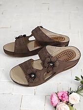 cheap Comfort Sandals-Women’s Arch-Support Wedge Sandals with Floral Cutout and Massage Insole, Comfortable Daily Wear for Shopping, Vacation and Summer Picnics