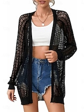 baratos Casacos &amp; Casacos de Trench-Mulheres Jaqueta casual Respirável Confortável Com Corte Casual Tecido Férias Rua Casual Roupa Diária Abertura Frontal Padrão Sem Colarinho Normal Manga Longa agasalhos Preto Branco Cáqui Verão