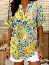 cheap Stripe&amp;Geometric Tops-Women&#039;s Blouse Floral Graphic Striped Elegant Daily Casual Sleeveless Short Sleeve V Neck Notched Neck Regular Tops Daily Holiday Going out White Yellow Blue Khaki Summer Spring