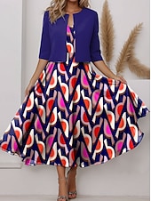 preiswerte Kunst &amp; Design Kleid-Damen Kleid-Set A Linie Kleid Sommerkleid Party Halbformelle Kleider Grafik Gestreift Druck Midikleid Halbarm V Ausschnitt Hochzeitsgast Täglich Rosa Purpur Orange Sommer Frühling Normale Passform