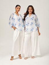 お買い得  シャツ、トップス、ブラウス-女性用 女性 カジュアルシャツ 花 カジュアル スカイブルー 五分袖 エレガント 旅行度假风 Ｖネック 夏 季節の変わり目