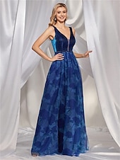 levne modrá-Šaty na quinceanera A-line elegantní šaty formální svatební podlahová délka bez rukávů výstřih do V tyl V zadní část s krystaly a rozparkem
