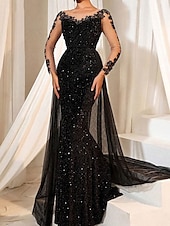 cheap Evening Dresses-Brown Mermaid / Trumpet Evening Gown Elegant Dresse Embroidered Lace Applique Formal Wedding Floor Length Long Sleeve Crew Neck Tulle with Sequin Skirt