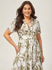voordelige Vakantiejurken-Dames Vrouw Shirtjurk Casual jurk Jurk met print Halflange jurk Groen Korte mouw Blad Planten Palmboom Zak Omgord Afdrukken Zomer Lente Herfst Overhemdkraag Vakantie XS S M