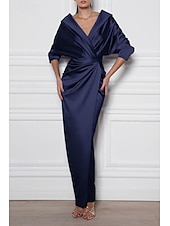 economico Lunghezza del pavimento-Abito da sposa a sirena/tromba, elegante, semplice e minimalista, con scollo a V, colletto a trapezio, lunghezza al pavimento, in raso elasticizzato, mezza manica, con dettagli arricciati e spacco