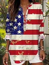preiswerte Unabhängigkeitstag Top-Unabhängigkeitstag Damen Patriotisches Vierteljuli Bluse Grafik Flagge Stylisch Modern Lässig Langarm V-Ausschnitt Reguläre Oberteile Täglich Feiertagsdruck Schwarz Weinrot Blau Staubiges Blau Sommer