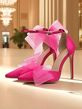 economico Festa Notturna-Scarpe col tacco da donna in raso rosa shocking con punta affilata, fiocco in tulle oversize, cinturino alla caviglia e stiletto, per feste notturne, cocktail sul tetto, glamour a bordo piscina o