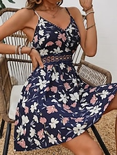 abordables Robes fleuries décontractées-Femmes Mini Robe Robe Fleurie Robe d&#039;été Robe Nuisette Robe Imprimée Classique Moderne Vacances Sortir Week-end Coupe régulière Fleur Sans manches Bretelles spaghetti Noir Bleu de minuit Été