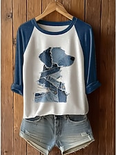 Women's T Shirt Graphic Animal Dog Vintage Stylish Classic Long Sleeve Crew Neck Long Tops Daily Print Blue Light Blue Summer Spring4