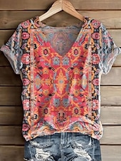 billige Boho t-skjorte-Dame T skjorte Grafisk Paisly Årgang Stilfull Klassisk Kortermet V-hals Vanlige topper Daglig Trykt mønster Svart Rød Oransje Lilla Grå Sommer Vår