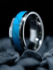 economico Gioielli da uomo-Anello da uomo in acciaio inossidabile con intarsio turchese blu, fascia lucida comfort fit, gioiello in stile western da indossare ogni giorno, matrimoni o regali