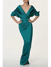 economico Lunghezza del pavimento-Abito da sposa a sirena/tromba, elegante, semplice e minimalista, con scollo a V, colletto a trapezio, lunghezza al pavimento, in raso elasticizzato, mezza manica, con dettagli arricciati e spacco