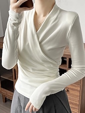 abordables Hauts Unis pour Femmes-Femmes Chemisier Uni Moderne Occasionnel manche longue Col en V Hauts Réguliers Quotidien Fête Froncé Noir Blanche Marron clair Automne