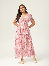 abordables Robes décontractées-Robe longue décontractée pour femme, tenue de soirée, col en V, manches courtes, coupe trapèze, imprimé floral, volants superposés, tenue de tous les jours, jupe gâteau, taille ajustée, robe longue