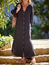preiswerte Weißes Kleid-Damen Maxikleid A Linie Kleid Sommerkleid Lässig Täglich Normale Passform Einfach Langarm V Ausschnitt Schwarz Weiß Braun Grau Sommer
