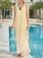 economico Lunghezza del pavimento-Matrimonio in Spiaggia Abito Madre della Sposa Linea A Ospite di Matrimonio Elegante Semplice Collo a V Lunghezza Caviglia Chiffon Senza Maniche con Strati Colore Solido 2025 misura personalizzata