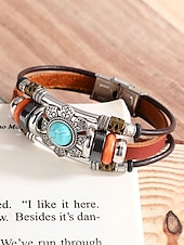 preiswerte Herrenschmuck-Türkisfarbenes Lederarmband für Herren mit Totenkopf und Metallakzenten, Bohème-Western-Stil, perfekt für die Freizeit und den Alltag
