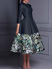 abordables Robes de cocktail-Robe cocktail élégante en A brodée floral robe formelle mariage longueur cheville manches longues col crew satin avec fente