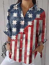voordelige Bloemen tops-Amerikaanse onafhankelijkheidsdag Dames Overhemd Grafisch Vlag Dagelijks Stijlvol Casual Lange mouw Overhemdkraag Normale tops Dagelijks Feestdagen Knop Afdrukken Wijn Rood blauw Zomer Lente