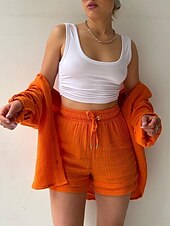voordelige Korte sets voor dames-Dames Elegant Modieus Streetwear Katoenen linnen sets Lange mouw Overhemdkraag Effen Kleur Buiten Werk Casual Zwart Paars Oranje Zomer Ruim Passend