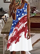 preiswerte Unabhängigkeitstag Kleid-Frauen Patriotic Mini Kleid A-Linien Kleid Sommer Kleid Off-Shoulder Kleid Urlaub Lässig Täglich Reguläre Passform Grafik Flagge Ärmellos U-Ausschnitt Rot Sommer