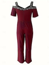cheap Art&amp;Design Jumpsuit-Women's Normal Jumpsuit Elegant Geometric Short Sleeve Wide Leg V Neck Patchwork High Waist Party Work Regular Fit Black Wine Blue Summer