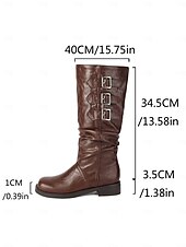 olcso Slouch Boots-Női barna műbőr térdig érő csizma tripla csatos pántokkal – western lovagló stílus őszi szettekhez, farmi napokra és szabadtéri viseletre