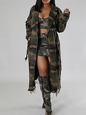preiswerte Trenchcoats-Damen Trenchcoat Bequem Knöpfe Tasche Modern Streetstyle Tarnung Outdoor Ausgehen Einreihig Lang Umlegekragen Normale Passform Langarm Oberbekleidung Hellgrün Dunkelgrün Herbst Winter