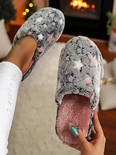 cheap Women&#039;s Slippers &amp; Flip-Flops-Women&#039;s Fuzzy Star Print Indoor Slippers – Cozy Faux Fur Winter House Shoes for Living Room, Bedroom &amp; Holiday Mornings